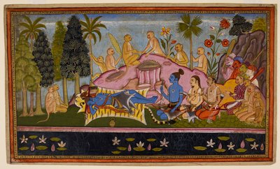 Rāma, in seinem Tigerfell, verbringt drei Tage damit, den Ozean anzuflehen, aber er bleibt unempfänglich. um 1653 (Miniatur) von Indian School