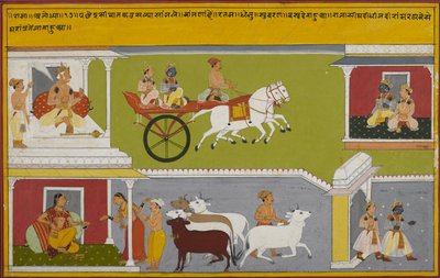 Rāma wird Regent, verlässt den Palast und erzählt es seiner Mutter Kaushalyā, die Kühe als Geschenke gibt von Indian School