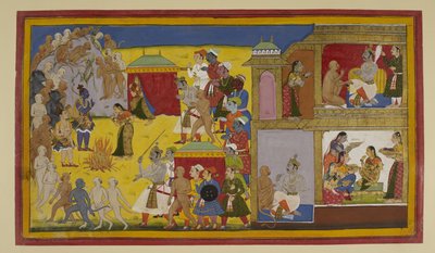 Rama weist Sita zurück; sie bittet, ihre Keuschheit durch Feuer zu beweisen von Indian School