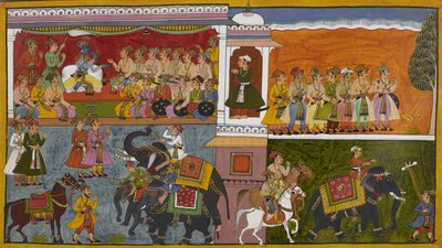 Rama schickt Höflinge, um Gerüchte über Sita zu untersuchen, die auf Pferden und Elefanten abreisen von Indian School