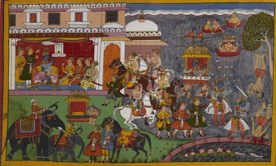 Rāma bereist sein Königreich, tötet einen Śūdra, der Buße praktiziert, und wird von den Göttern gelobt von Indian School
