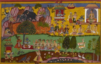 Rāma besucht den Weisen Agastya in der Dandaka-Wüste, der ihn einlädt, die Nacht zu bleiben von Indian School