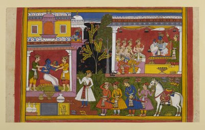 Rama erwacht zu Lobeshymnen, badet und sitzt in seinem Thronsaal, wo ihm alle huldigen von Indian School