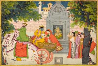 Rukmini flieht mit Krishna, Folio aus einem Bhagavata Purana, ca. 1780 von Indian School