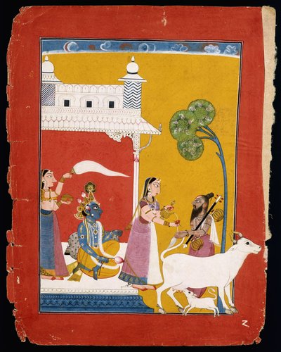 Rukmini bietet dem Weisen Narada Wasser an, während ihr Gemahl Krishna in ihrem Haus sitzt, ca. 1725-1730 von Indian School