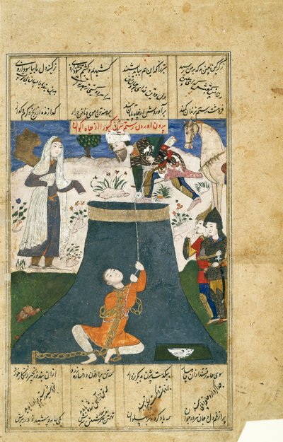 Rustam rettet Bizhan aus dem Verlies, Blatt aus einer verstreuten Shah-nama-Serie von Indian School