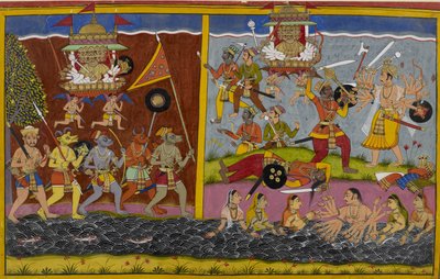 Ravana rückt vor, um gegen Arjuna zu kämpfen, der seinen General Prahasta besiegt von Indian School
