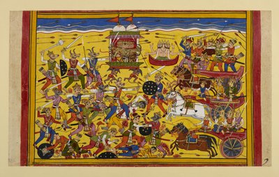 Ravana kämpft ein Jahr lang gegen die Nivatakavacas, bis Brahma eingreift und sie Frieden schließen von Indian School