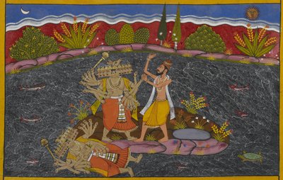 Ravana kämpft gegen den Mahapurusha, den Weisen Kapila, der ihn besiegt von Indian School
