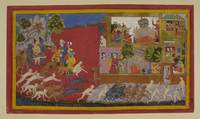 Rāvaṇa täuscht Sītā mit einem falschen Kopf; Affen erkunden Laṅkā von Indian School