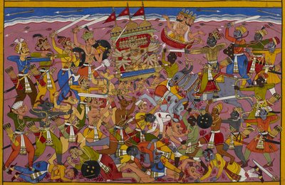 Rāvaṇa kämpft gegen Yama, aber Brahmā greift ein, um ihn zu schützen von Indian School