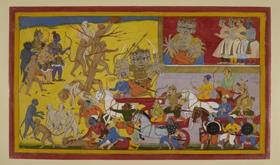 Rāvaṇa führt seine Truppen an, während Sugrīva vorrückt; Rāma und Verbündete halten in Reserve von Indian School