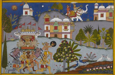 Ravana marschiert nach Devaloka, während Indra die Götter versammelt und Vishnus Hilfe sucht von Indian School