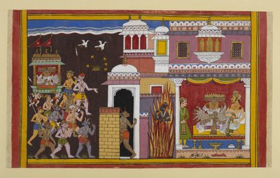 Ravana trifft Bali in einem von Vishnu bewachten Palast, der verschwindet und ihn verschont von Indian School