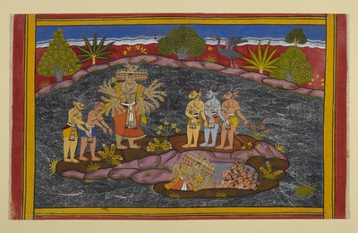 Rāvaṇa sucht den Puruṣa, betritt eine Höhle und findet Tausende erhabener Wesen von Indian School