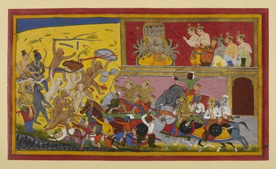 Ravana schickt Kumbha, Nikumbha und Dämonen in den Kampf gegen Affen, Rama und Verbündete beobachten von Indian School