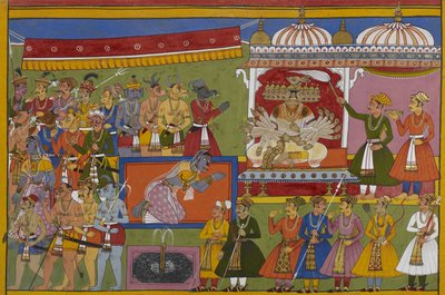 Rāvaṇa sitzt auf seinem Thron, während seine Schwester Śūrpaṇakhā um den Tod ihres Mannes durch seine Hand trauert von Indian School