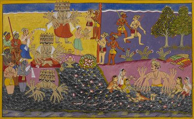Ravana verehrt den Linga am Narmada, während König Arjuna in der Nähe badet von Indian School