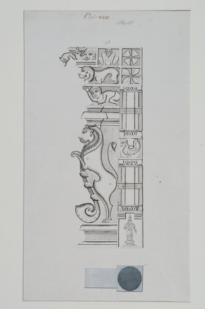 Skulpturierte Säule eines Löwen und anderer Figuren von Indian School