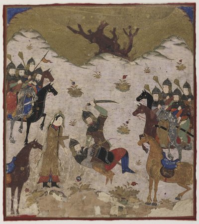Shahru identifiziert Burzu als Rustams Enkel während des letzten Kampfes zwischen Rustam und Burzu, ca. 1425-50 von Indian School
