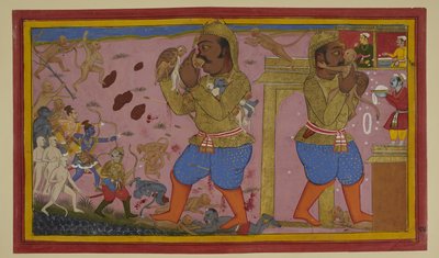 Sugrīva verwundet Kumbhakarṇa; er wehrt sich, während Rāma und Verbündete vorrücken von Indian School