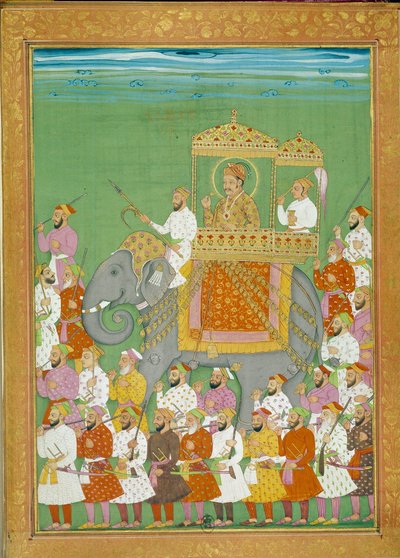Sultan Akbar reitet auf einem Elefanten mit dem Hof von Shah Alem von Indian School