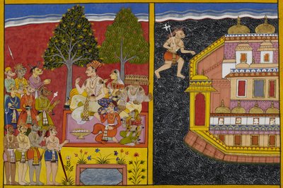 Sumali drängt Ravana, Lanka zu erobern, während Prahasta Vaisravan um Zustimmung bittet von Indian School