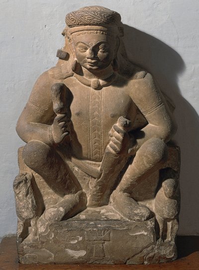Surya, Sonnengott. Rote Sandsteinskulptur von Indian School