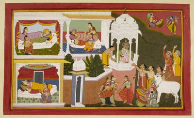 Die Geburt von König Dasarathas vier Söhnen: Rama, Bharata, Lakshmana und Satrughna von Indian School