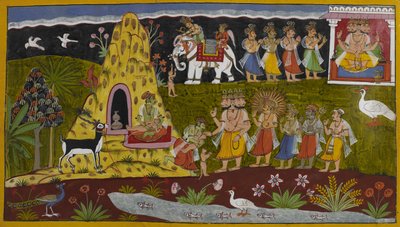 Die Kreaturen flehen Brahmā an, der Hanuman wiederbelebt, und die Götter verleihen ihm große Stärke von Indian School