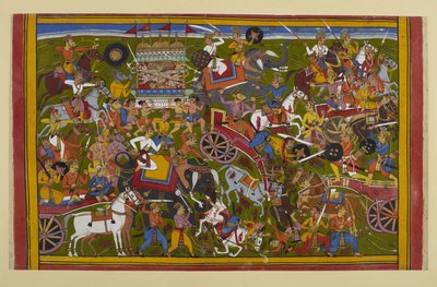 Die Götter und Dämonen kämpfen heftig; Vasu duelliert sich und besiegt Sumāli, Rāvaṇas Großvater von Indian School