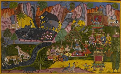 Die Götter loben Rāma und laden ihn ein, die Einsiedelei des Weisen Agastya zu besuchen, während er durch einen Wald reist von Indian School