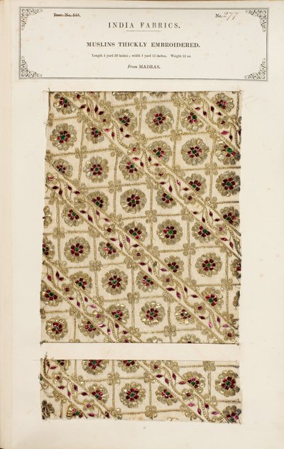 Bestickte Musselinprobe aus Madras, aus The Collection of the Textile Manufacturers of India, von John Forbes Watson, veröffentlicht 1866 von Indian School