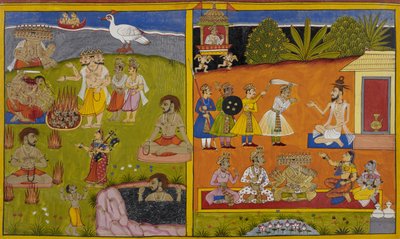 Vaisravana besucht seinen Vater, während Brahma Daśagrīva fast Unbesiegbarkeit gewährt von Indian School