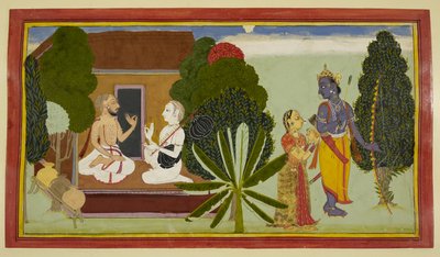 Valmiki und Narada unterhalten sich links, mit Rama und Sita rechts von Indian School