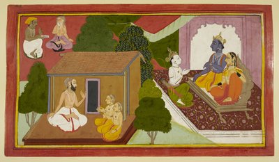 Valmiki lehrt Kusha und Lava, während Rama und Sita von einem Boten beraten werden von Indian School