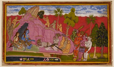 Vibhīṣaṇa verlässt Rāvaṇa und schließt sich mit seinen Anhängern Rāma an, vor dem er sich verbeugt. 1653 (Miniatur) von Indian School