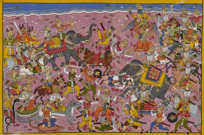 Vishnu kämpft gegen die Dämonen; Mali fällt, durchbohrt von einer Lanze von Indian School