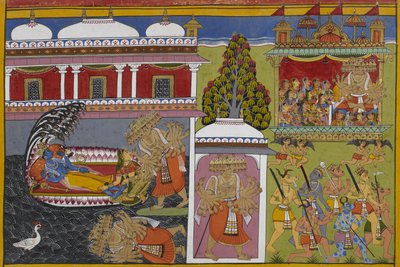 Vishnu ruht mit Lakshmi, als Ravana fällt und dann Frauen in seinem Wagen entführt von Indian School