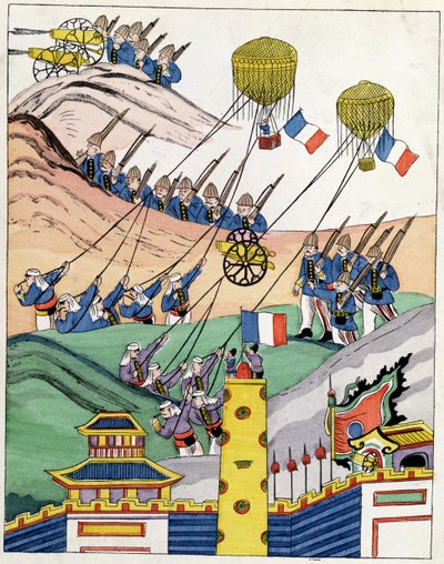 Plakat, das die französischen Truppen zeigt, die erbeutete Ballons zur Zeit der Eroberung von Tonkin verwenden, 1884 von Indo Chinese School