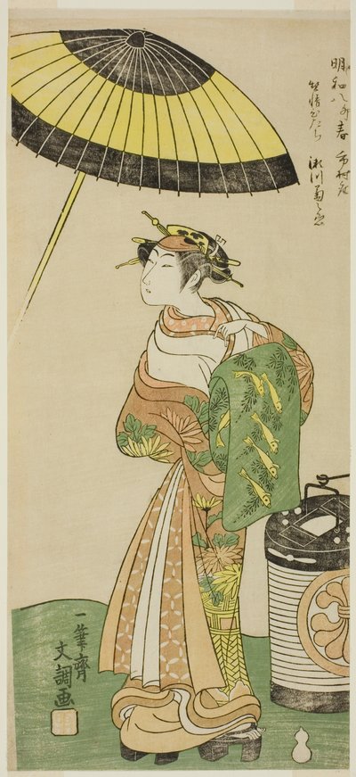Der Schauspieler Segawa Kikunojo II als Kurtisane Hitachi im zweiten Teil des Stücks Wada Sakamori Osame no Mitsugumi (Wadas Gelage: Der letzte Drink mit einem Set aus drei Tassen), aufgeführt im Ichimura-Theater ab dem neunten Tag des zweiten Monats, 1771 von Ippitsusai Bunchō