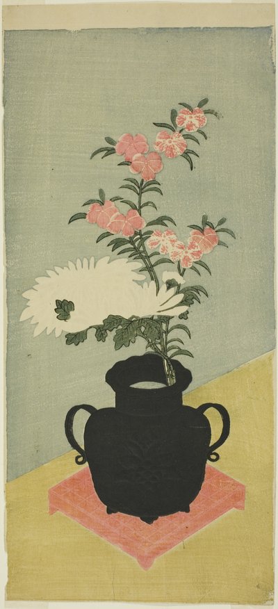 Weiße Chrysanthemen und Nelken in einer schwarzen Vase von Ippitsusai Bunchō