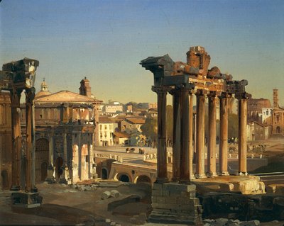 Italien, Rom, Blick auf die römischen Foren mit dem Tempel des Vespasian, dem Bogen des Septimius Severus und dem Tempel des Saturn von Ippolito Caffi