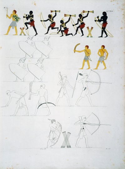 Militärszenen, Soldaten mit Bögen und Pfeilen, aus den Gräbern von Beni Hasan, Tafel CXVIII, aus Denkmälern von Ägypten und Nubien: zivile Denkmäler von Ippolito Rosellini