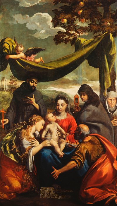 Die Madonna und das Kind mit den Heiligen Maria Magdalena, Petrus, Klara und Franziskus und einem Porträt der Äbtissin von Ippolito Scarsella