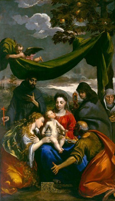 Jungfrau und Kind mit den Heiligen Maria Magdalena, Peter, Klara, Franziskus und einer Äbtissin, ca. 1600 von Ippolito Scarsella