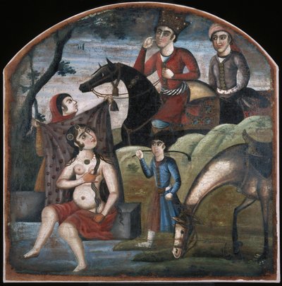 Khusraw entdeckt Shirin beim Baden. Aus dem Bildzyklus von acht poetischen Themen, Mitte des 18. Jahrhunderts von Iranian Master