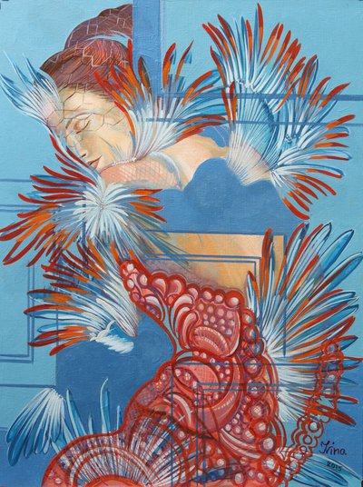 Rotes Kleid und Meisen, 2015 von Irina Corduban