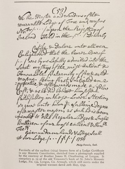Frühestes bekanntes Zertifikat (irisch) mit einem Siegel der Großloge, 1762 von Irish School