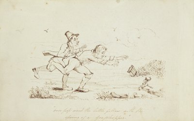 Über Pop ging der kleine Kerl mit dem Sprung eines Grashüpfers, Buchillustration zeigt zwei Iren, die einen Leprechaun jagen, 19. Jahrhundert (Feder und Tinte auf Papier) von Irish School
